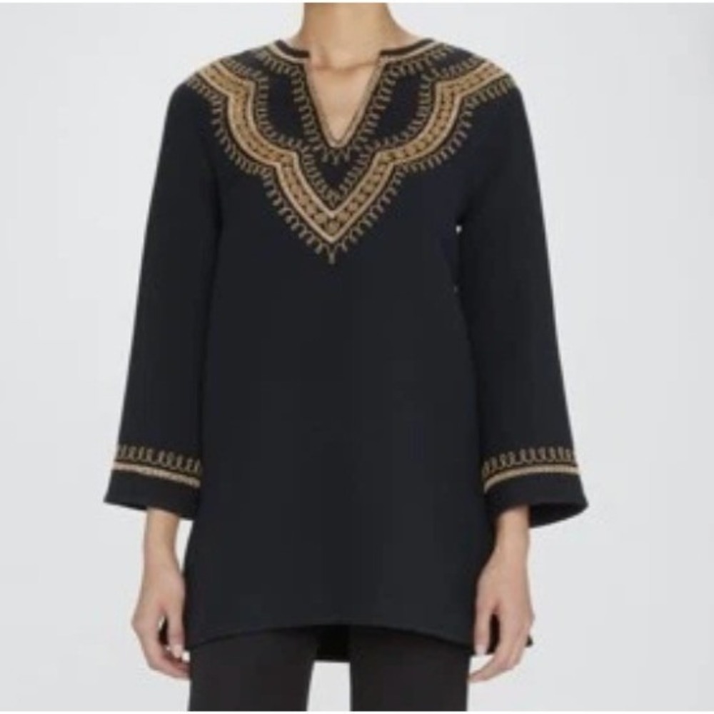 Nili Lotan Tunic Top Black Womens 4 Embroidered Wool Silk Gold Metallic Trim